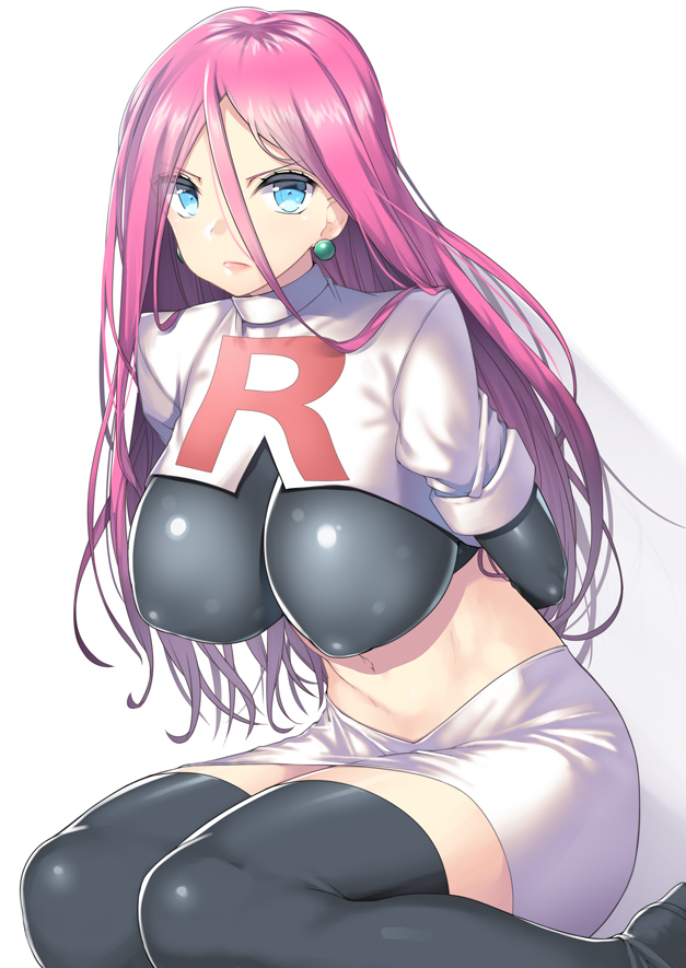 1girl arms_behind_back big_breasts black_boots black_gloves black_legwear blue_eyes boots breasts earrings erect_nipples game_freak gloves huge_breasts humans_of_pokemon impossible_clothes impossible_shirt jessie_(pokemon) jewelry large_breasts long_hair looking_at_viewer midriff musashi_(pokemon) nagase_haruhito navel nintendo pencil_skirt pink_hair pokemon pokemon_(anime) pokemon_(game) purple_hair shiny shiny_clothes shirt sitting skirt solo team_rocket thigh_boots thighhighs zettai_ryouiki
