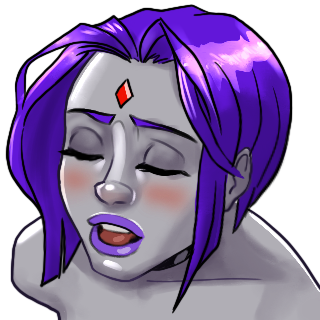 1girl alpha_channel blush closed_eyes dc_comics female_only forehead_jewel grey_skin hardmodenrg implied_nudity open_mouth portrait purple_hair purple_lipstick raven_(dc) short_hair teen_titans transparent_background