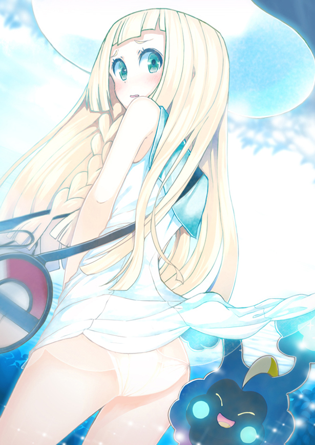 1girl accidental_exposure ass back bag bangs bare_arms blonde_hair blunt_bangs blush braid cloud cloudy_sky cosmog cowboy_shot day dress dress_tug duffel_bag dutch_angle embarrassed from_behind green_eyes guranyto hat light_particles lillie lillie_(pokemon) long_hair looking_at_viewer looking_back outdoors panties parted_lips pokemon pokemon_(creature) pokemon_(game) pokemon_sm sakasa_(guranyto) see-through short_dress side_braid side_glance sky sleeveless sleeveless_dress sparkle submerged sun_hat sundress underwear wading water white_dress white_hat white_panties