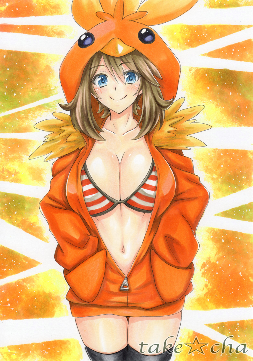 1girl alternate_costume artist_name bikini black_legwear blue_eyes blush breasts brown_hair cleavage closed_mouth collarbone commentary_request eyebrows_visible_through_hair hair_between_eyes hand_in_pocket haruka_(pokemon) highres large_breasts looking_at_viewer may navel pokemon smile solo striped striped_bikini swimsuit takecha thighhighs unzipped