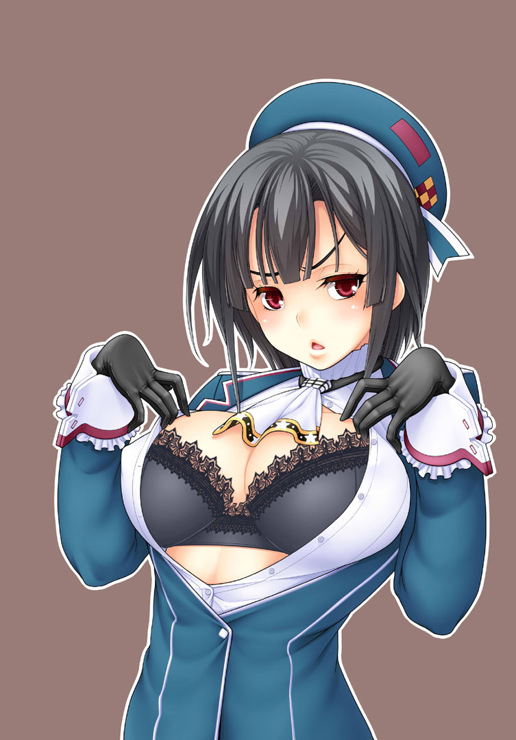 1girl big_breasts black_bra black_gloves black_hair blush bra breasts dress_shirt gloves hat kantai_collection long_sleeves looking_at_viewer open_clothes osafune_kairi red_eyes shirt short_hair simple_background solo takao_(kantai_collection) underwear