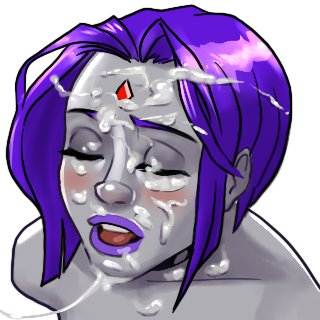 1girl alpha_channel blush closed_eyes cum cum_covered cum_on_face cum_on_hair cum_on_upper_body cum_string dc_comics female_only forehead_jewel grey_skin hardmodenrg implied_nudity open_mouth portrait purple_hair purple_lipstick raven_(dc) short_hair teen_titans transparent_background