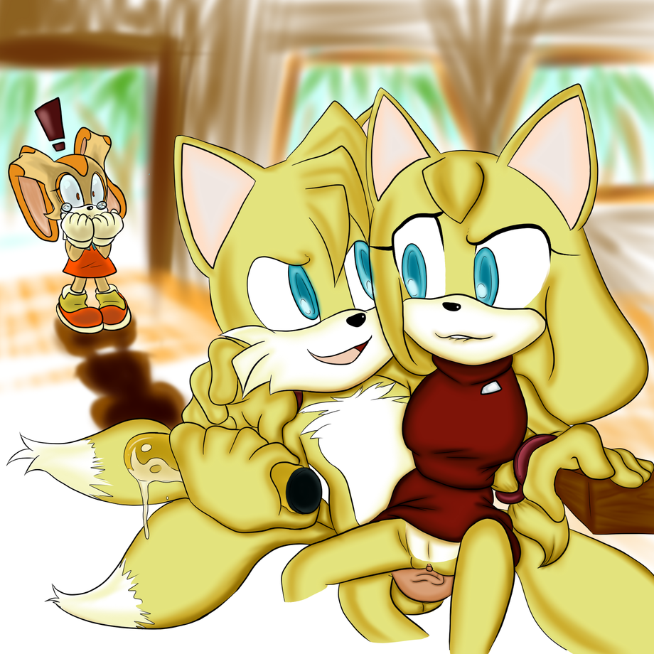 1girl anthro canine clothed clothing cream_the_rabbit crying dildo duo fox fur furry male male/female mammal miles_"tails"_prower open_mouth sega sex_toy smile sonic_boom tears unknown_artist yellow_fur zooey_the_fox