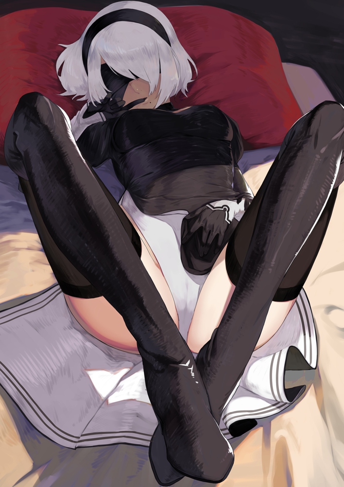 1girl alluring aoin blindfold boots elbow_gloves finger_to_mouth gloves lying mole mole_under_mouth nier:_automata nier_(series) silver_hair skirt stockings thigh_high_boots yorha_no._2_type_b