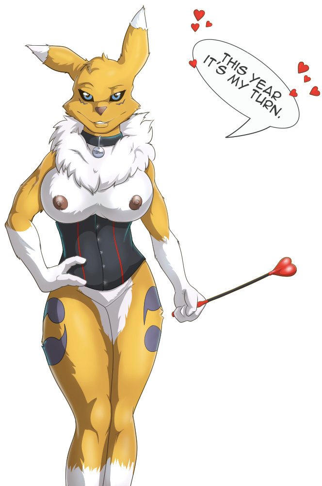 &lt;3 1girl 1girl 2017 anthro big_breasts breasts chest_tuft clothing collar corset digimon domino_(artist) furry holidays lingerie looking_at_viewer mostly_nude nipples pussy renamon riding_crop smile speech_bubble tuft valentine's_day whip
