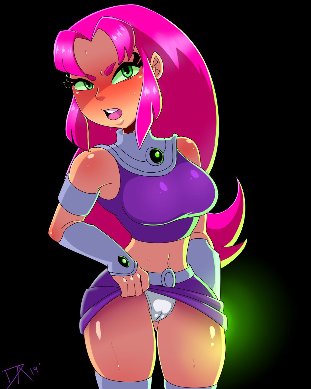 1girl 2019 angry blush blushing bracer cameltoe cartoon_network dalley_le_alpha dc_comics female_only green_eyes koriand'r looking_at_viewer navel panties pink_hair skirt_lift solo_female starfire teen_titans teen_titans_go thick_thighs