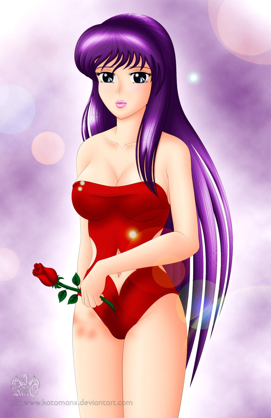 1girl arm arm_at_side arms art athena_(saint_seiya) babe bare_arms bare_legs bare_shoulders big_breasts black_eyes breasts cleavage collarbone deviantart flower holding holding_flower katomanx legs lens_flare lips lipstick looking_at_viewer makeup navel navel_cutout neck pink_lipstick purple_hair red_rose red_swimsuit rose saint_seiya saori_kido shiny shiny_hair standing strapless strapless_swimsuit swimsuit very_long_hair