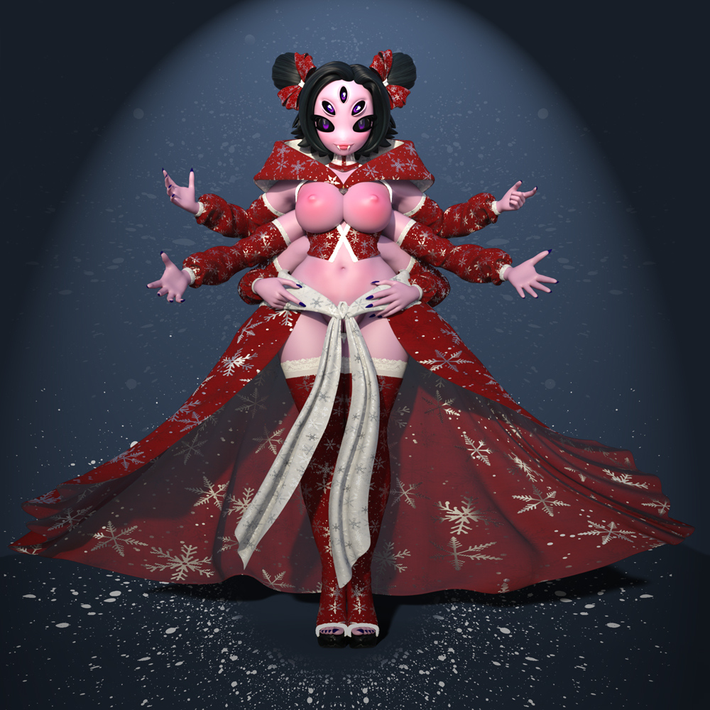 3d big_breasts breasts christmas idsaybucketsofart monster_girl muffet multiple_arms multiple_eyes nipples pussy spider_girl undertale