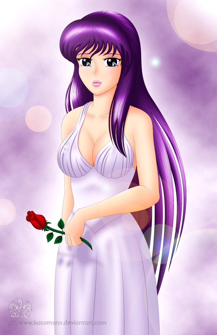1girl arm arm_at_side arms art athena_(saint_seiya) babe bare_arms bare_shoulders big_breasts black_eyes breasts cleavage collarbone deviantart dress flower formal holding holding_flower katomanx lens_flare lips lipstick looking_at_viewer makeup neck pink_lipstick purple_hair red_rose rose saint_seiya saori_kido shiny shiny_hair standing very_long_hair white_dress
