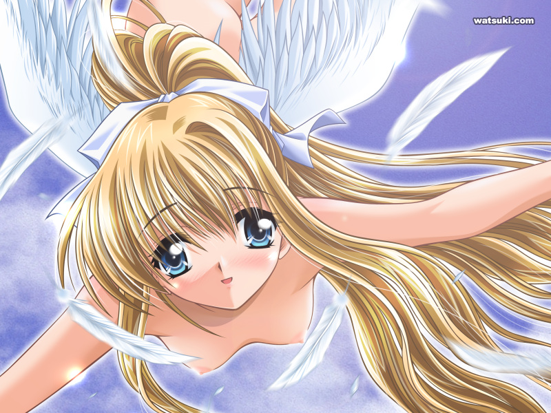 1girl air_(anime) angel angel_wings blonde_hair blue_eyes breasts collarbone feathers female_only flying from_below green_eyes kamio_misuzu long_hair looking_at_viewer misuzu_kamio nipples nude outstretched_arms ponytail solo solo_female very_long_hair watsuki_ayamo wings