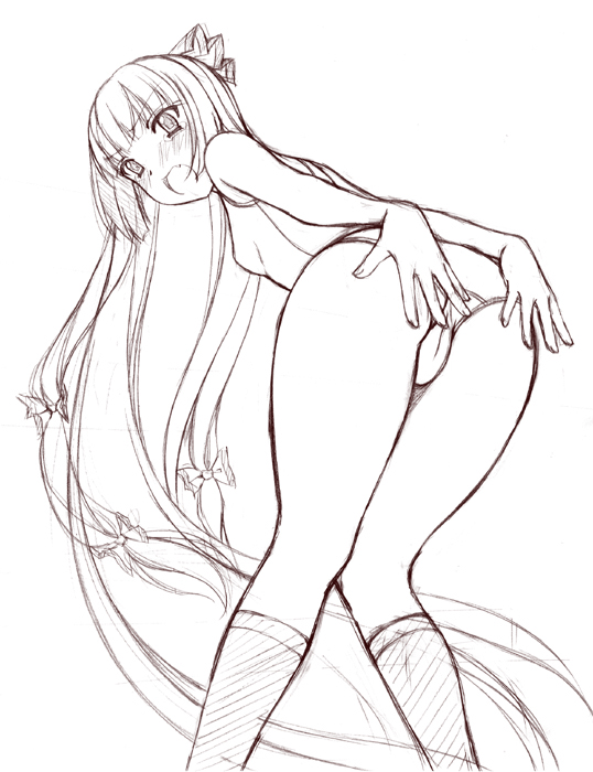 1girl ass bent_over blush bow covering covering_ass fang female footwear fujiwara_no_mokou hair_bow hands hime_cut kneehighs long_hair looking_back monochrome one-piece_swimsuit school_swimsuit sin-go sketch socks solo swimsuit tears touhou very_long_hair