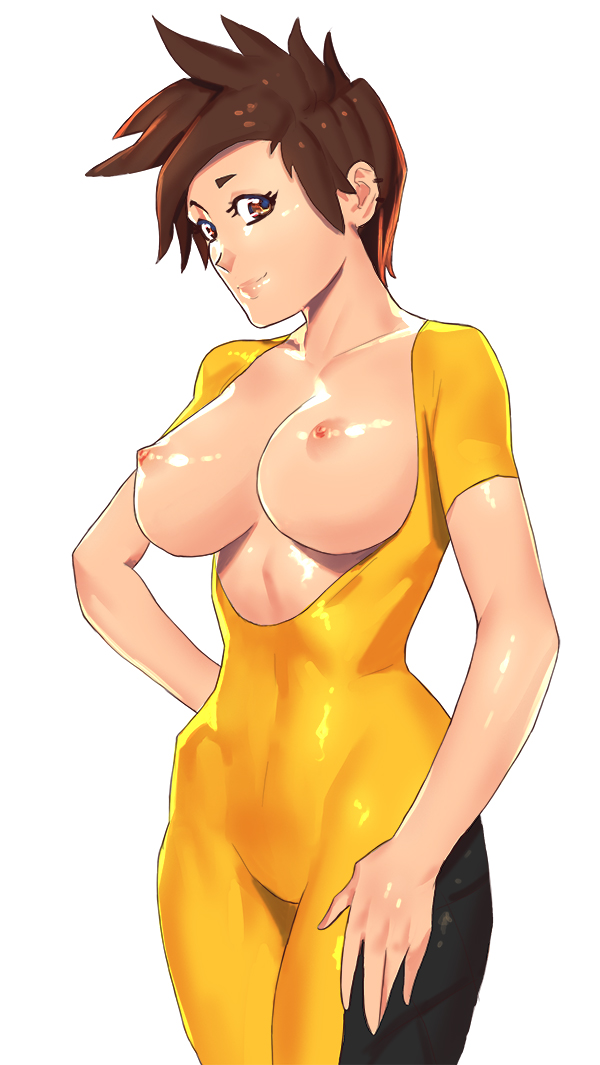 1girl 1girl areola big_breasts bodysuit breasts brown_hair female_only jhinbrush lena_oxton looking_at_viewer nipples overwatch tracer_(overwatch)