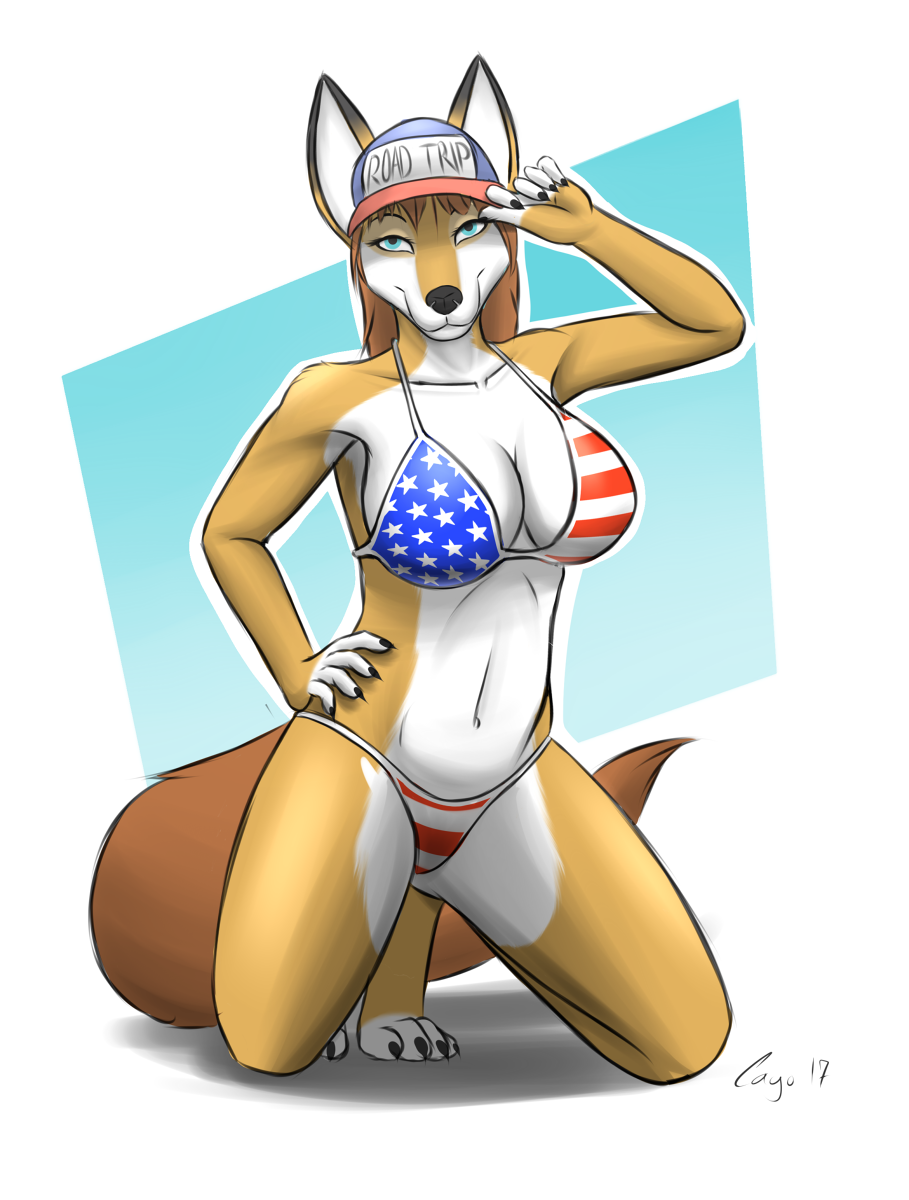 1girl 2017 anthro bikini blue_eyes breasts canine cayo clothing fox furry hat looking_at_viewer mammal navel smile star stripes swimsuit united_states_of_america