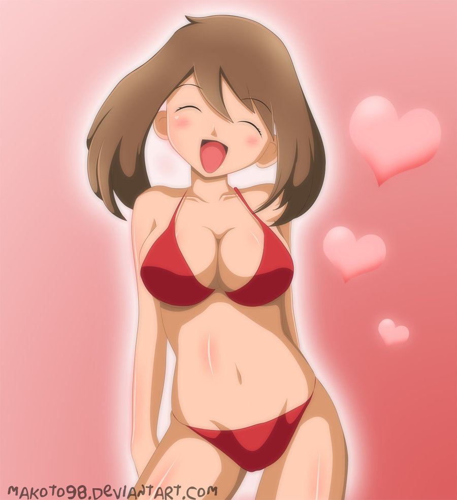 ^_^ alluring bikini cute deviantart happy heart heart_background makoto98 may pink_background pokemon red_background red_bikini smile