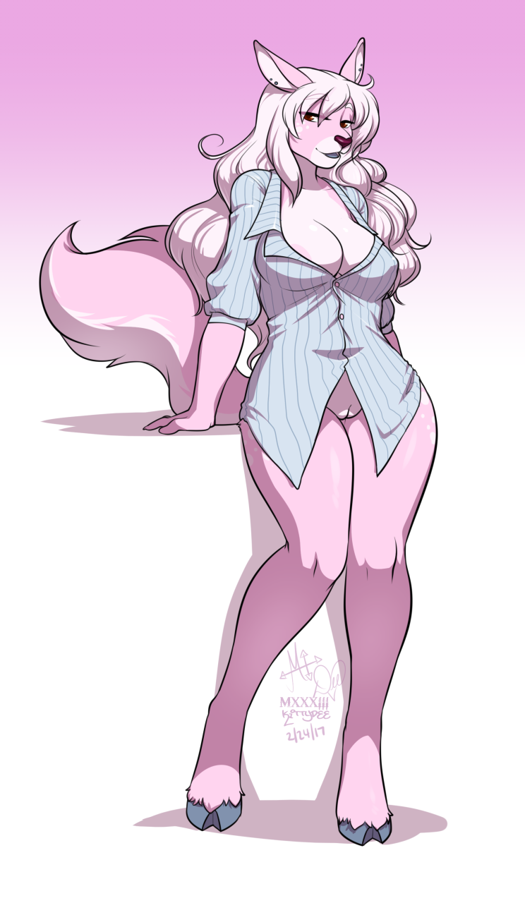 1girl 1girl anthro bottomless breasts canine clothed clothing furry kittydee looking_at_viewer mammal pussy slightly_chubby smile standing