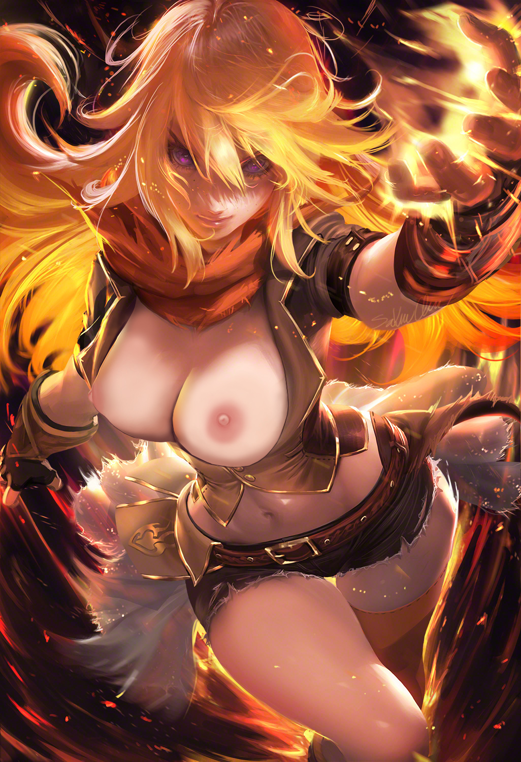 1girl 1girl 1girl areola artist_name asymmetrical_legwear belly belt belt_buckle big_breasts blonde blurry breasts buckle buttons cleavage closed_mouth curves dark_background female_only fingerless_gloves fire gauntlets gloves high_resolution hips hotpants legs legwear long_hair looking_at_viewer magic midriff motion_blur navel nipples orange_hair photoshop purple_eyes realistic rwby sakimichan scarf short_sleeves shorts signature single_thighhigh spats stockings stockings thighs torn torn_clothes watermark yang_xiao_long yellow_legwear