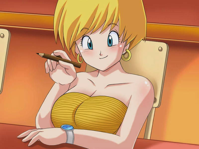 1girl :d art babe bare_shoulders big_breasts blonde_hair blue_eyes breasts closed_mouth dragon_ball dragon_ball_z erasa happy looking_at_viewer neck short_hair smile strapless tubetop
