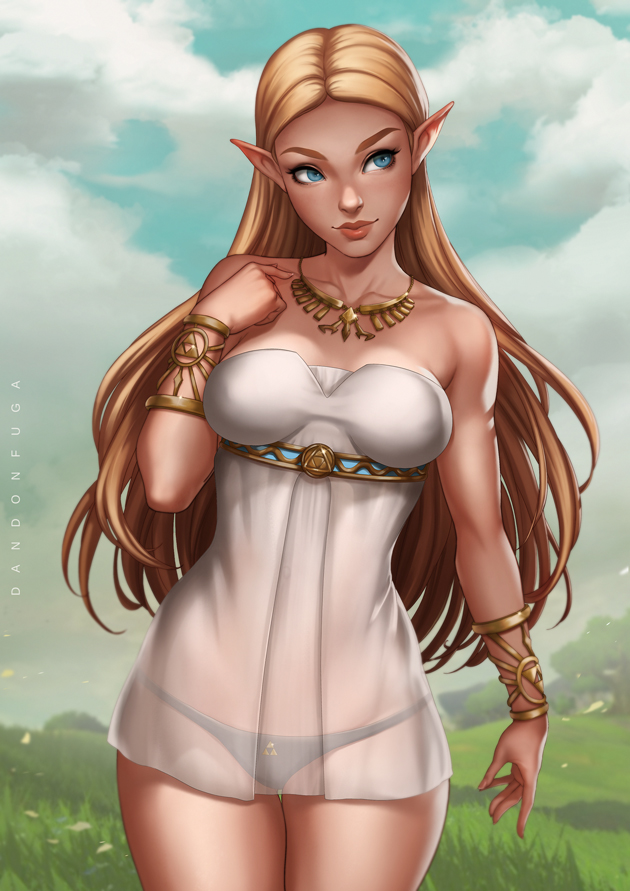 adapted_costume alluring big_breasts black_panties blonde_hair blue_eyes bracelet breasts breath_of_the_wild dandon_fuga female gold jewelry long_hair looking_to_the_side necklace nightgown panties pointy_ears princess_zelda see-through smile solo the_legend_of_zelda underwear