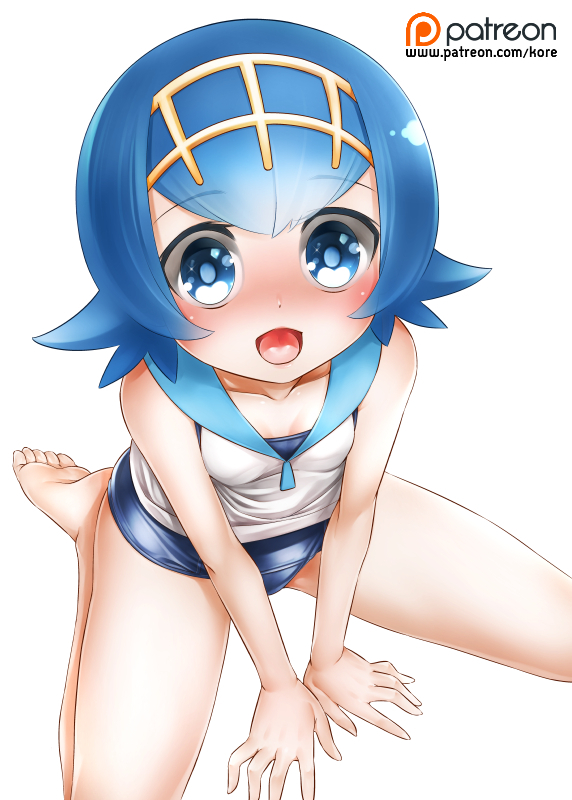 10s 1girl :d bangs bare_arms bare_legs bare_shoulders barefoot blue_eyes blue_hair blue_sailor_collar blunt_bangs blush collarbone feet full-face_blush hairband happy kore_(korewa13th) lana looking_at_viewer looking_up npc_trainer one-piece_swimsuit open_mouth patreon patreon_username pokemon pokemon_(game) pokemon_sm pokemon_sm_(anime) short_hair simple_background sitting sleeveless sleeveless_shirt smile soles solo suiren_(pokemon) swimsuit_under_clothes toes tongue trial_captain wariza watermark web_address white_background