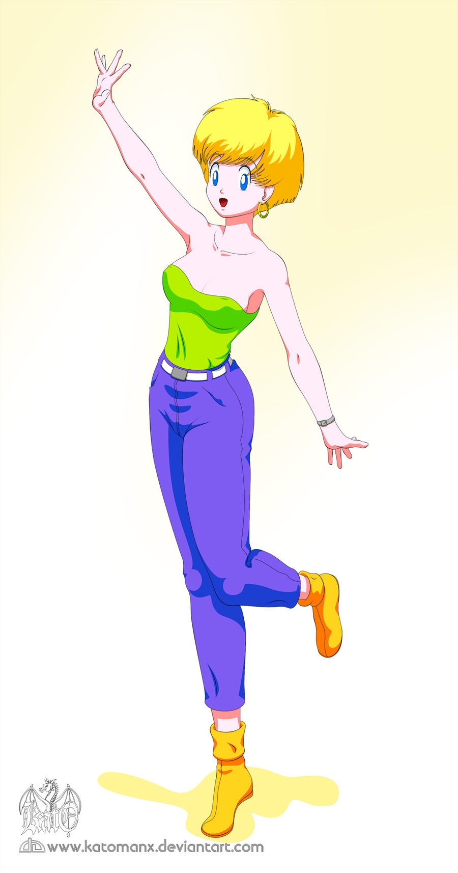 1girl :d babe bare_shoulders blonde_hair blue_eyes breasts dragon_ball dragon_ball_z erasa full_body happy katomanx looking_at_viewer neck open_mouth pants short_hair smile strapless tubetop