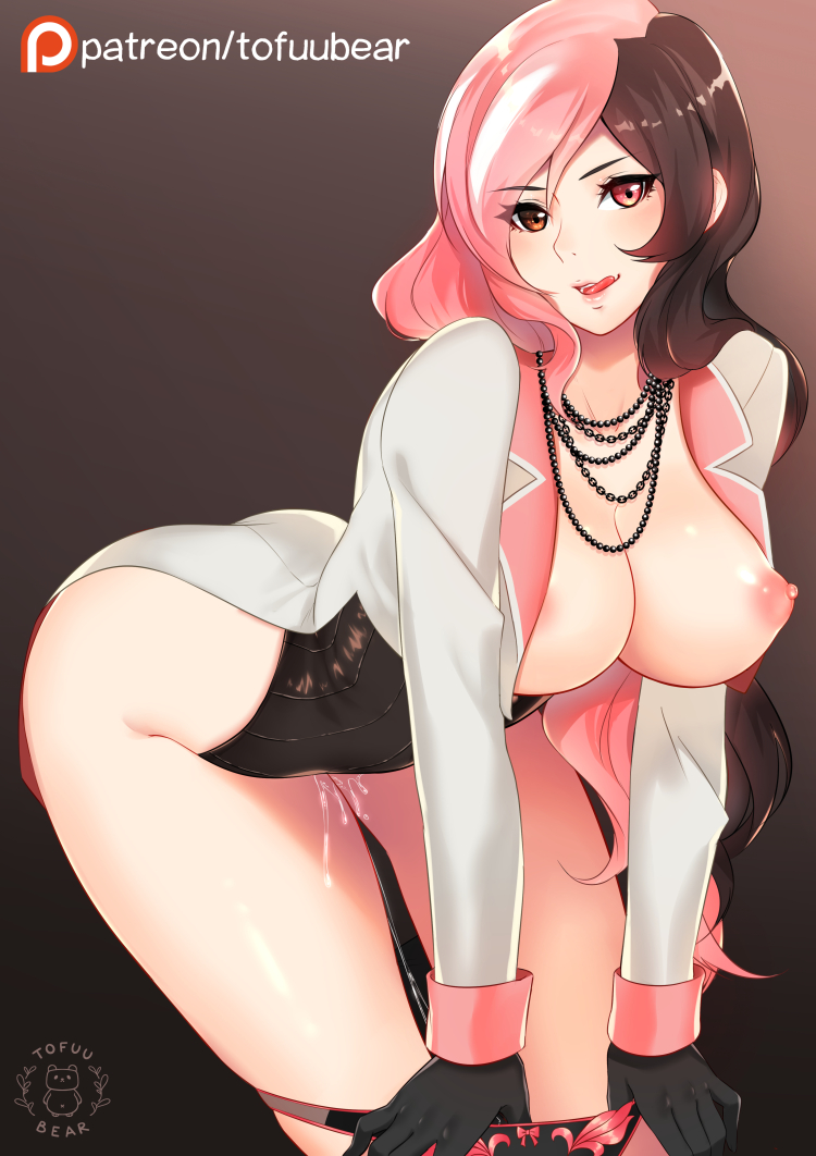 1girl 1girl =d arched_back artist_name bent_over big_breasts black_gloves black_panties blush bow bow_panties breasts breasts_out_of_clothes brown_eyes brown_hair cleavage clothing cowboy_shot curvaceous erect_nipples eyebrows_visible_through_hair functionally_nude gloves heterochromia huge_breasts jewelry light-skinned light-skinned_female lips long_hair long_sleeves looking_at_viewer multicolored_hair necklace neopolitan nipples no_pants open_clothes panties panty_pull patreon pink_eyes pink_hair pose pussy_juice rwby shiny shiny_hair shiny_skin smile tofuubear tongue tongue_out two-tone_hair underwear undressing wet