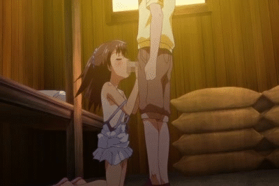 anime fellatio gif hand_on_head hentai ichinen_buri_no_the_animation looking_up on_knees oral