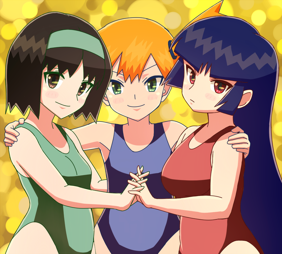 alluring big_breasts black_hair blue_swimsuit breasts creatures_(company) erika_(pokemon) game_freak golden_eyes green_swimsuit gym_leader humans_of_pokemon interlocked_fingers japanese_clothes kasumi_(pokemon) kimono looking_at_viewer medium_breasts misty nakaba natsume_(pokemon) nintendo one-piece_swimsuit pale_skin pokemon pokemon_(anime) pokemon_(game) pokemon_red_green_blue_&amp;_yellow pokemon_rgby porkyman red_swimsuit sabrina side_ponytail small_breasts smile swimsuit