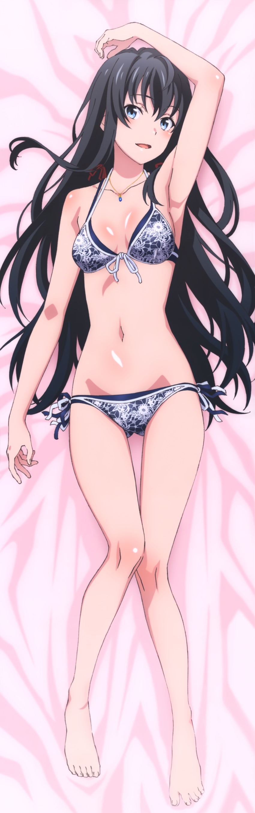 1girl 1girl absurd_res alluring arm_up armpits bare_shoulders barefoot bed_sheet bikini black_hair blue_eyes breasts cleavage collarbone dakimakura_(medium) feet from_above front-tie_bikini front-tie_top full_body groin high_res jewelry layered_bikini long_hair looking_at_viewer lying necklace official_art on_back open_mouth shiny shiny_skin side-tie_bikini sideboob small_breasts smile swimsuit very_long_hair yahari_ore_no_seishun_lovecome_wa_machigatteiru. yukinoshita_yukino