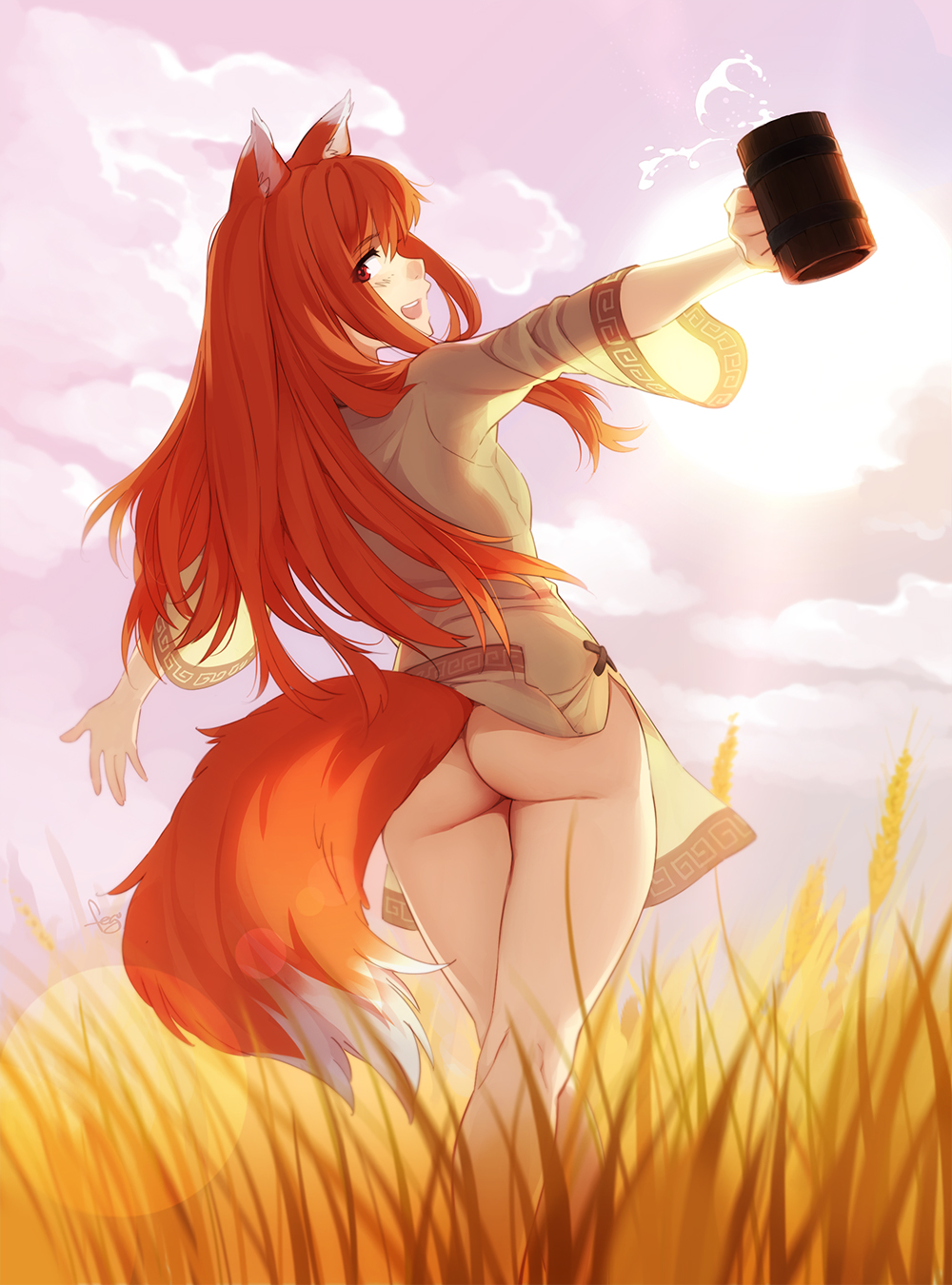 1girl 1girl 1girl animal_ears ass bottomless brown_hair cloud cloudy_sky cup english feguimel goddess high_resolution holding holding_cup holo long_hair long_sleeves looking_at_viewer open_mouth outside shirt sky spice_and_wolf standing sun t-pose tail wheat_field wide_sleeves wolf_ears wolf_girl wolf_tail