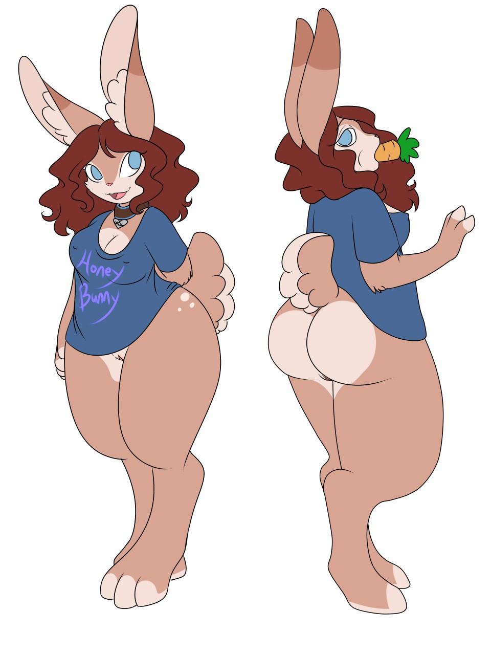 1girl 2016 anthro ass big_ass blue_eyes bottomless breasts brown_hair bubble_butt carrot choker cleavage clothed clothing english_text fluffy_tail food furry hair heart_pendant high_res lagomorph long_ears long_hair looking_at_viewer looking_away mammal model_sheet nipple_bulge object_in_mouth pussy rabbit simple_background sucking sweetlemondragon text thick_thighs vegetable wide_hips