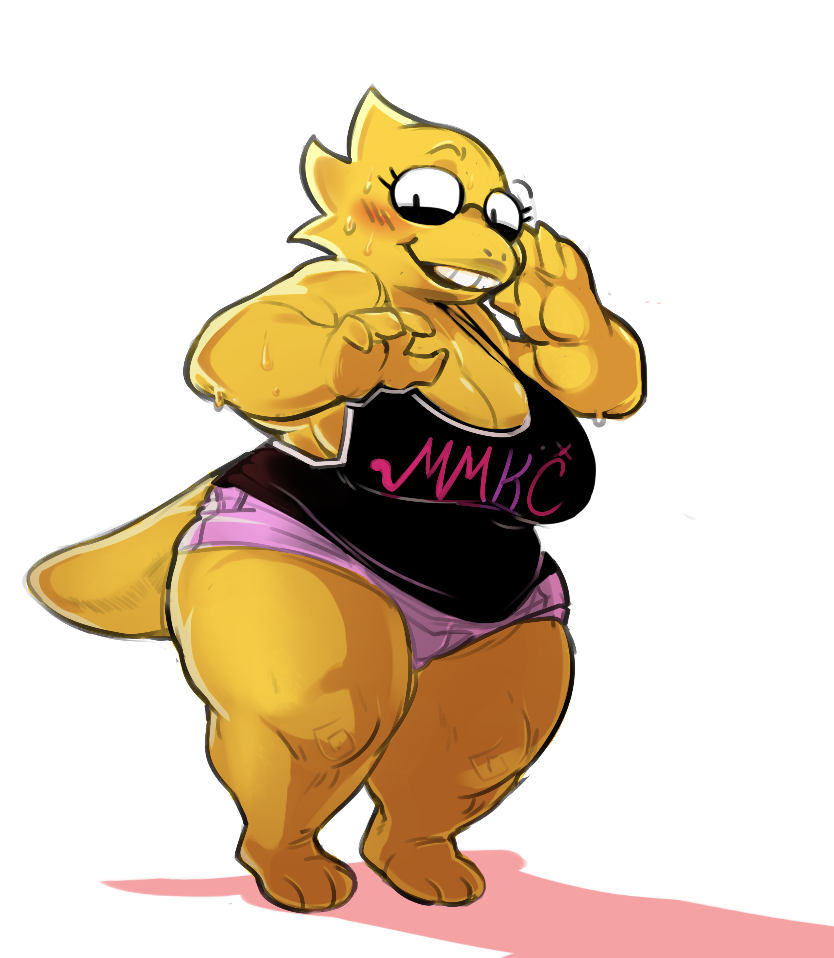 1girl alphys anthro belly big_belly big_breasts blush breasts cleavage clothed clothing eyewear glasses lizard looking_at_viewer mangneto obese overweight overweight_female reptile scalie shirt simple_background undertale underwear video_games white_background wide_hips