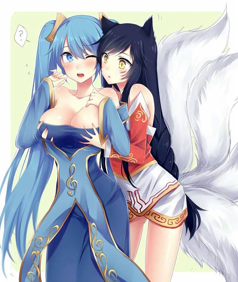 2_girls 2girls ahri art big_breasts breast_grab breasts cleavage dress female/female female_only fox_ears from_behind japanese_clothes league_of_legends long_hair moaning multiple_girls sona sona_buvelle yuri