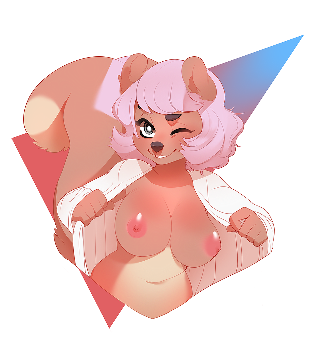 1girl 1girl anthro areola big_breasts blush breasts clothed clothing furry higgyy looking_at_viewer mammal nipples one_eye_closed open_shirt rodent smile squirrel wink