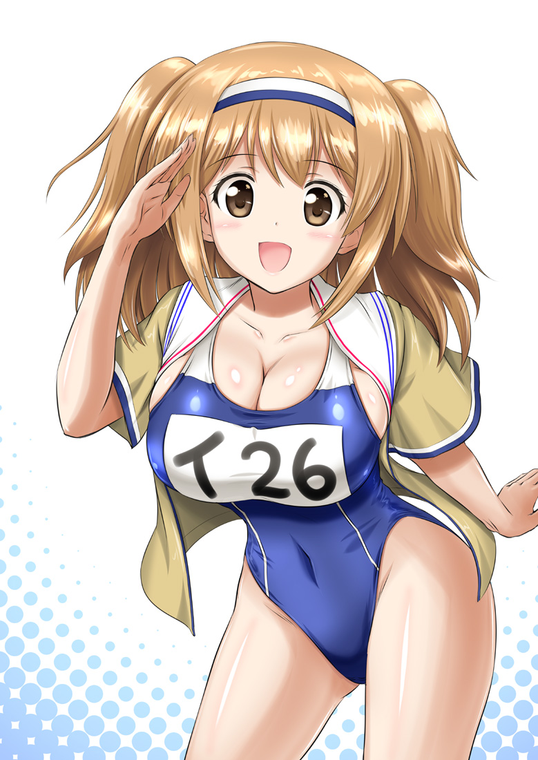1girl blush breasts brown_eyes brown_hair cute i-26_(kantai_collection) kantai_collection large_breasts looking_at_viewer smile swimsuit