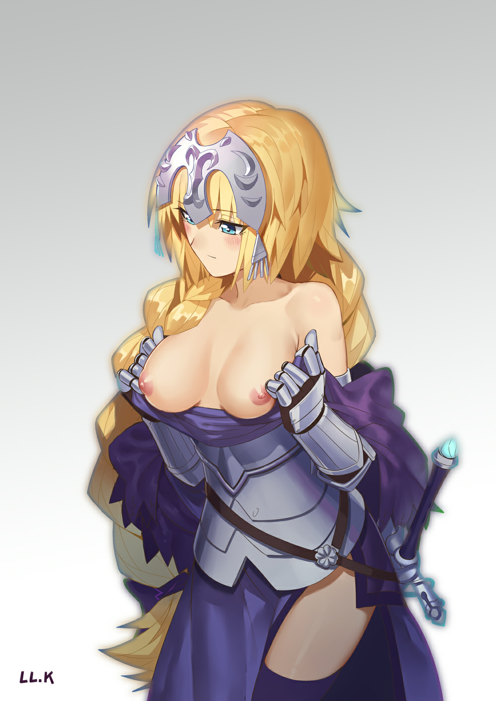 armor armored_dress blonde_hair bow braid breasts dress fate/apocrypha fate_(series) female gauntlets hairbow headpiece lolik_(artist) long_hair nipples ruler_(fate/apocrypha) skirt solo sword thighhighs weapon