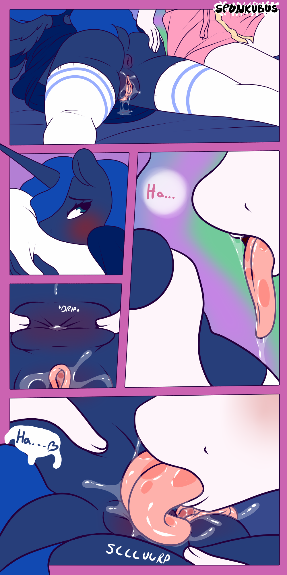 anal anthro anus ass bed clothing comic dialogue english_text friendship_is_magic furry incest legwear my_little_pony oral pillow princess_celestia princess_luna pussy_juice rimming robe saliva sex spreading spunkubus stockings text tongue tongue_out yuri