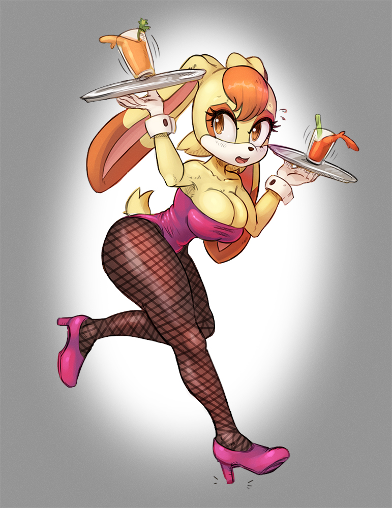 1girl anthro armpits beverage big_breasts breasts bunny_costume carrot cleavage clothed clothing cosplay drxsmokey_(artist) female female_only fishnet fishnet_legwear food footwear furry glass high_heels lagomorph large_breasts legwear mammal mature_female open_mouth rabbit sega shoes sonic_(series) tray vanilla_the_rabbit vegetable