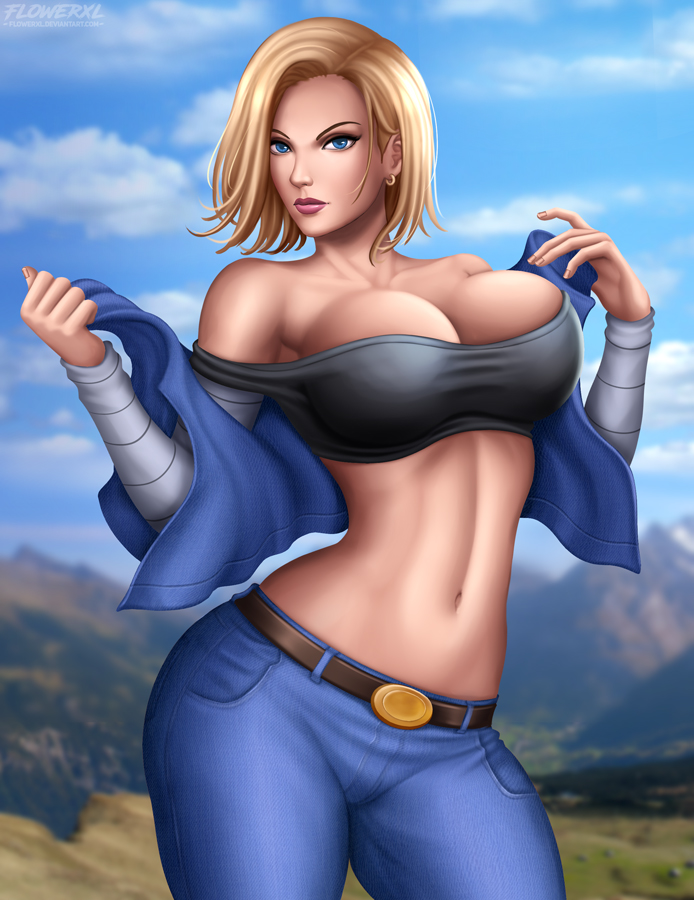 1girl 1girl android_18 big_breasts big_breasts blonde_hair blue_eyes breasts cleavage dragon_ball dragon_ball_z female_only flowerxl looking_at_viewer