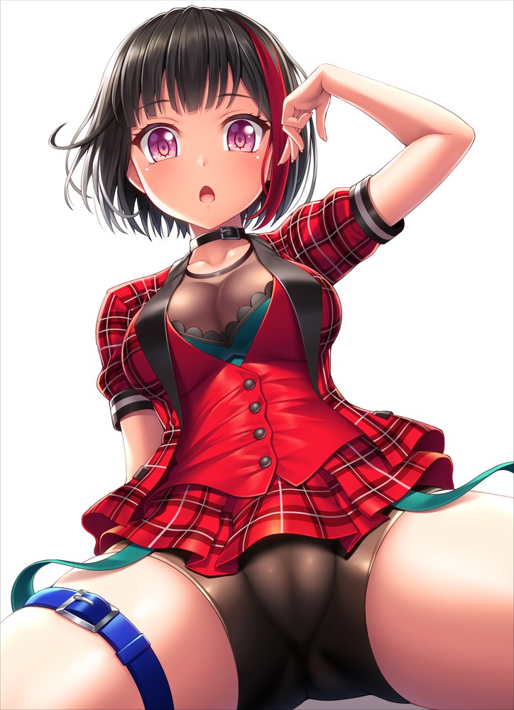 bang_dream! bike_shorts bra cameltoe embarrassed female_focus female_only lambda looking_at_viewer medium_breasts mitake_ran multicolored_hair non-nude open_mouth purple_eyes short_hair sitting spread_legs