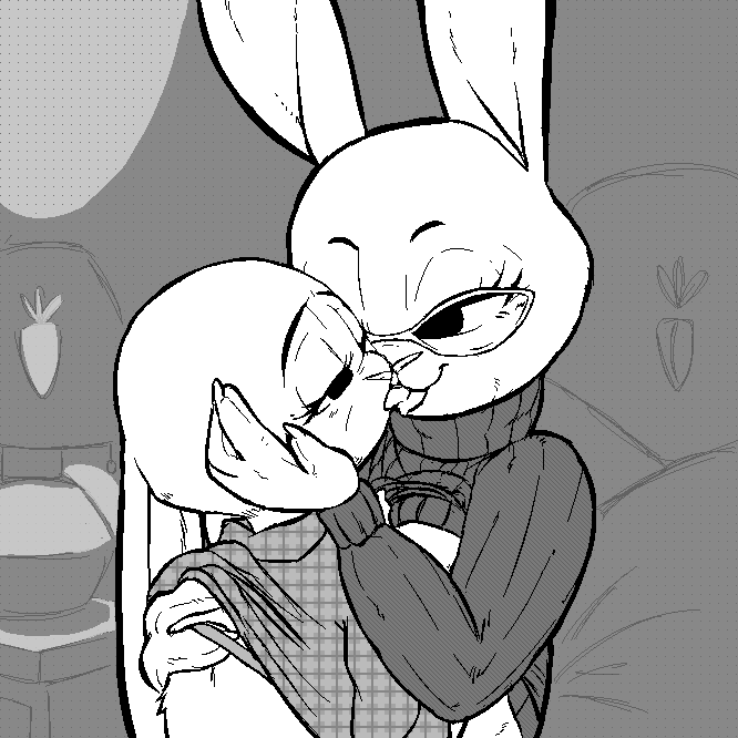 2_girls 2girls anthro breast_grab breasts clothed clothing clothing_lift disney eyewear female/female female_only french_kissing furry glasses hand_on_breast incest judy_hopps kissing lagomorph lamp mammal monochrome rabbit replytoanons shirt shirt_lift sibling sisters sweater tongue tongue_out violet_hopps_(zootopia) yuri zootopia