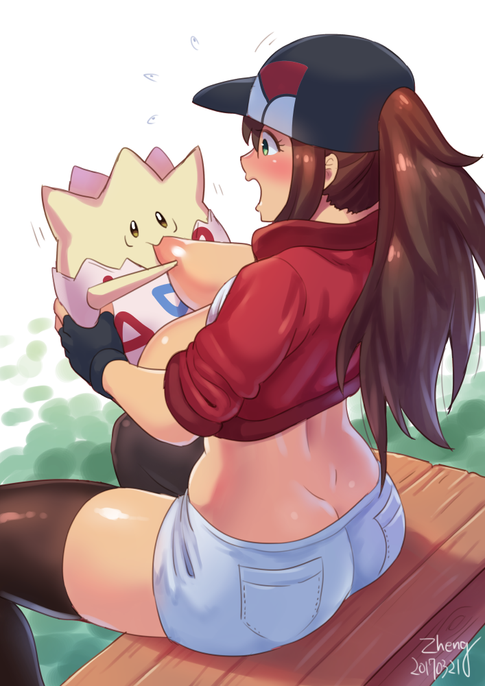 1girl 2017 areolae ass baseball_cap bench black_legwear black_thighhighs blush breast_sucking breasts breasts_outside brown_hair dated female_protagonist_(pokemon_go) fingerless_gloves gloves green_eyes hat large_breasts long_hair midriff open_mouth pokemon pokemon_go ponytail short_shorts shorts sitting thighhighs togepi zheng