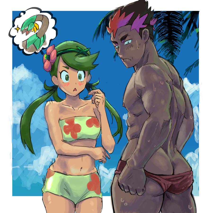 1boy 1girl abs arms_at_sides ass back bare_back bikini black_hair blue_sky blush butt_crack chest cloud collarbone constricted_pupils cowboy_shot creatures_(company) dark-skinned_female dark-skinned_male dark_nipples dark_skin day eyebrows floral_print flower from_behind frown game_freak green_bikini green_eyes green_hair green_swimsuit hair_flower hair_ornament hand_up humans_of_pokemon kaki_(pokemon) kiawe long_hair looking_at_another looking_back looking_down low_twintails male_swimwear mallow_(pokemon) mao_(pokemon) multicolored_hair muscle navel nintendo nipples open_mouth outdoors palm_tree pokemon pokemon_(anime) pokemon_(creature) pokemon_(game) pokemon_sm pokemon_sun_&amp;_moon ponytail red_hair short_hair sky slit_pupils sparkle stomach strapless strapless_bikini strapless_swimsuit sweat swim_briefs swimsuit swimwear thought_bubble tofu_(pixiv10770344) topless tree trial_captain triangle_mouth tropius tubetop twin_tails two-tone_hair undersized_clothes