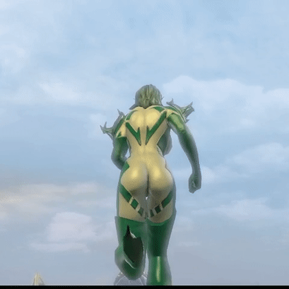 3d animated ass bodysuit boots buildings cg city clouds dc_comics dc_universe_online dcuo game gif gloves green_bodysuit green_boots green_gloves green_hair green_latex green_spandex green_suit green_tights high_heels latex metropolis running skyscrapers spandex sprinting thigh_gap tights