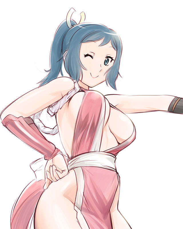 1girl ;) armpits bare_shoulders beautiful big_breasts blue_eyes blue_hair breasts cleavage cosplay eyebrows fan fatal_fury fingerless_gloves fuckable gloves gundam gundam_build_fighters hand_on_hip happy hips insanely_hot iori_rinko japanese_clothes king_of_fighters lips long_hair mai_shiranui mai_shiranui_(cosplay) matching_hair/eyes mature midriff milf mitsuishi_kotono no_bra no_panties one_eye_closed pelvic_curtain ponytail revealing_clothes shiny side_slit sideboob smile snk teeth ueyama_michirou underboob vambraces voice_actor_connection wide_hips wink