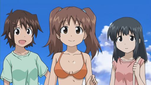 3_girls 3girls anime bikini breasts cleavage happy medium_breasts mochizuki_tomomi multiple_girls orange_bikini shinryaku!_ikamusume smile squid_girl tomomi_mochizuki