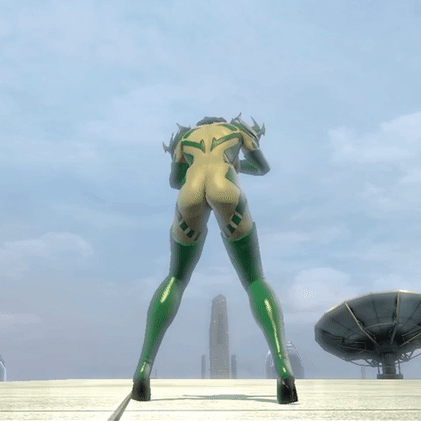 3d animated ass bodysuit boots buildings cg city clouds crying dc_comics dc_universe_online dcuo game gfycat gif gloves green_bodysuit green_boots green_gloves green_hair green_latex green_spandex green_suit green_tights high_heels latex metropolis skyscrapers spandex thigh_gap tights