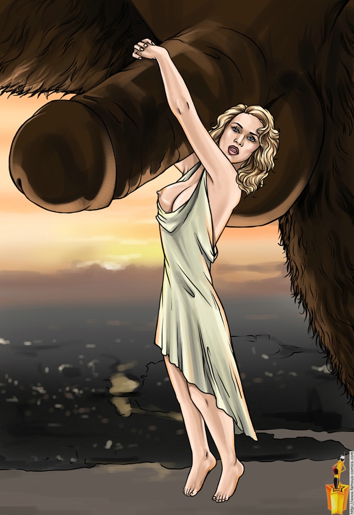 1_boy 1_girl 1boy 1girl ann_darrow ape barefoot blonde blonde_hair breasts celeb clothed_female_nude_male dress erection exposed_breast famous_comics female female_human feral gorilla human king_kong larger_male looking_at_viewer male male_feral mostly_clothed naomi_watts no_bra outdoor outside penis size_difference smaller_female