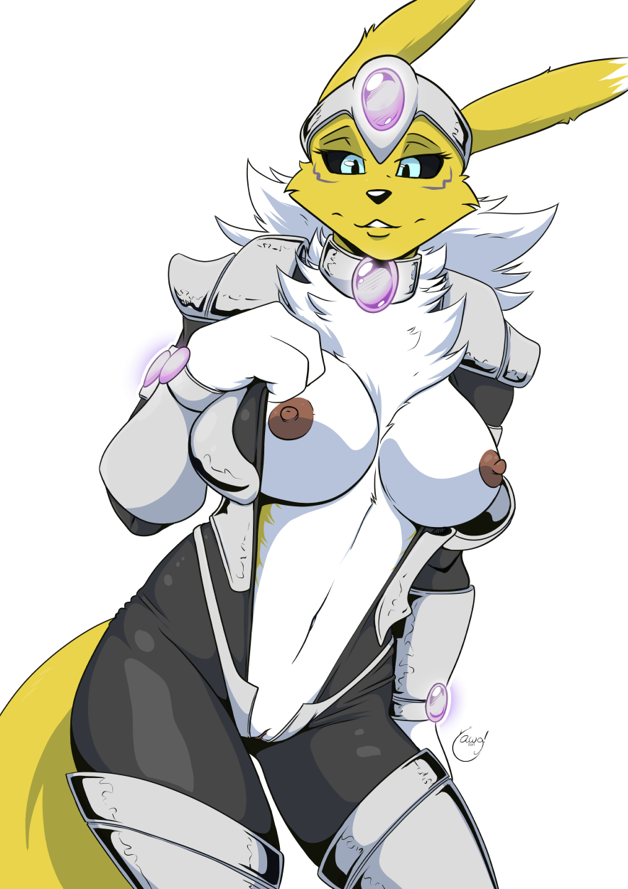 1girl 1girl 2017 alpha_channel anthro areola big_breasts breasts digimon erect_nipples furry navel nipples pussy renamon yawg