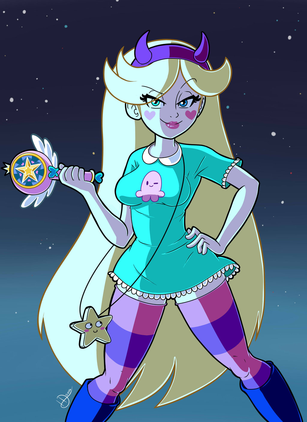 2016 blonde blonde_hair breasts clothed deviantart hand_on_hip kyosourade long_hair looking_at_viewer medium_breasts non-nude posing signature star_butterfly star_vs_the_forces_of_evil stockings wand yellow_hair
