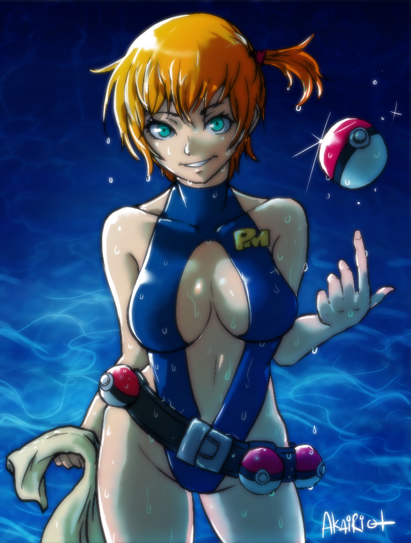 akairiot alluring big_breasts blue_swimsuit breasts holding_poke_ball holding_pokeball kasumi_(pokemon) looking_at_viewer medium_breasts misty one-piece_swimsuit poke_ball pokemon pokemon_(anime) side_ponytail smile swimsuit towel water wet